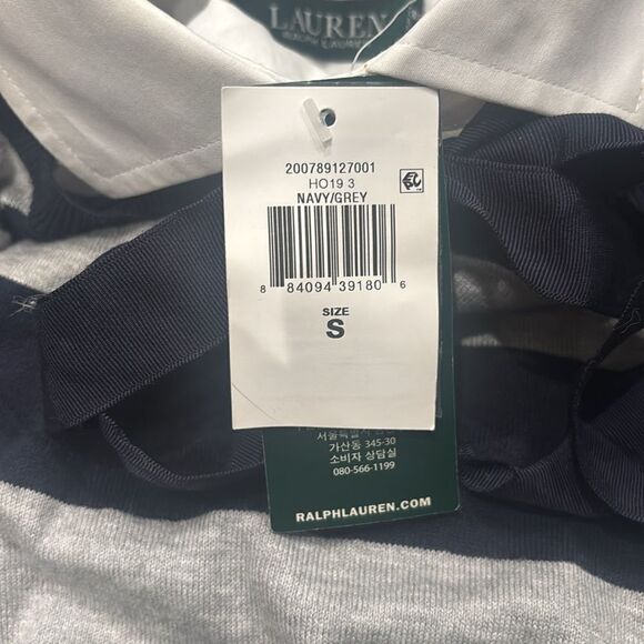 RALPH LAUREN Navy/Gray/White Layered-Look Tie-Neck Striped Sweater Sz S NWT - Picture 9 of 10